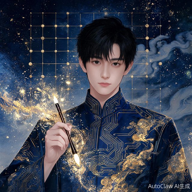 南黎之风的科幻虚拟形象：手持毛笔的深蓝长袍创作者，背景是水墨星云